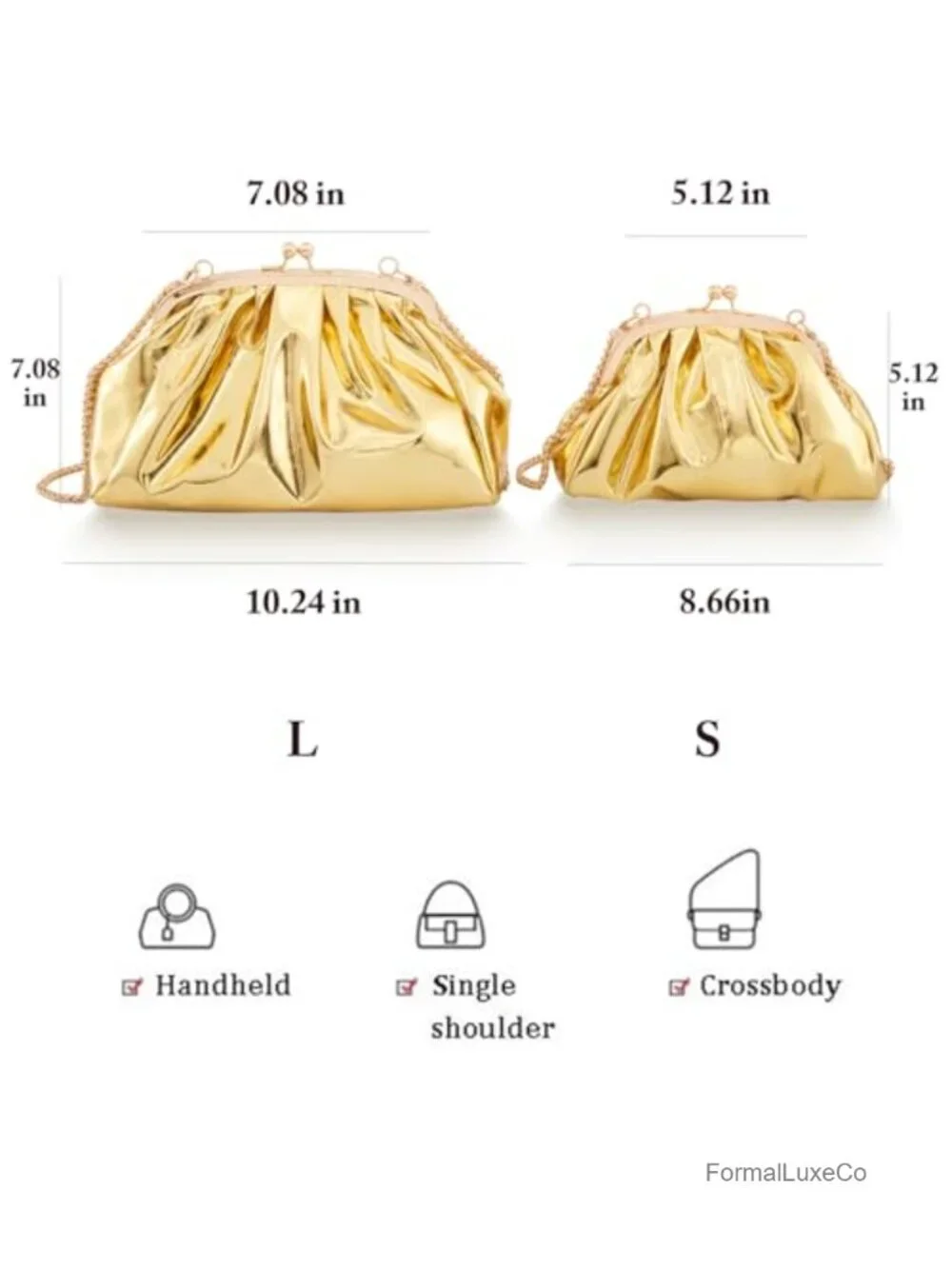 Metallic Vegan Leather Pleated Clutch Purse with Chain Strap, Evening Bag